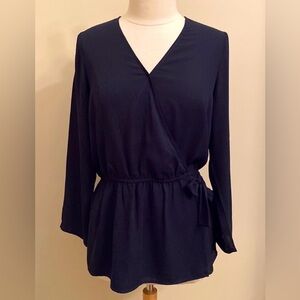 The Limited Navy Blue Faux Wrap Long Sleeve Elastic Waist Side Tie Casual Top M